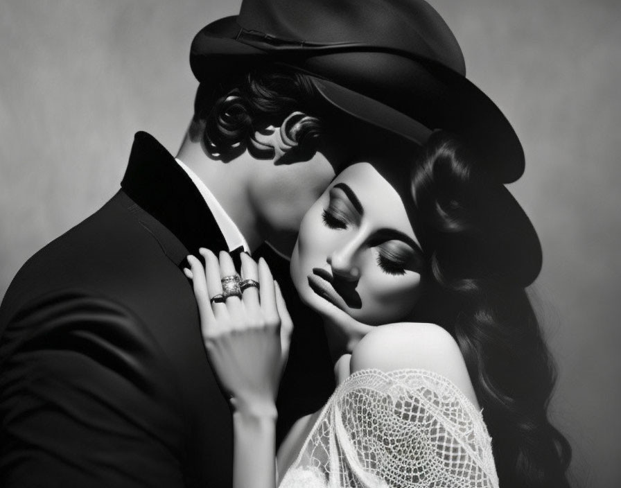 Monochromatic image: Elegant couple in romantic pose with man kissing woman's forehead