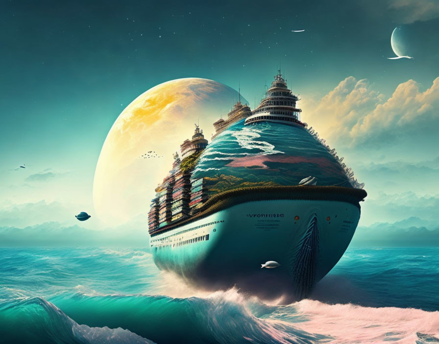 Fantastical globe-shaped ship on ocean with moon, traditional buildings, and nature.