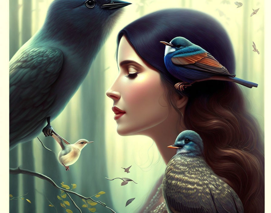 Woman with Birds in Serene Natural Setting