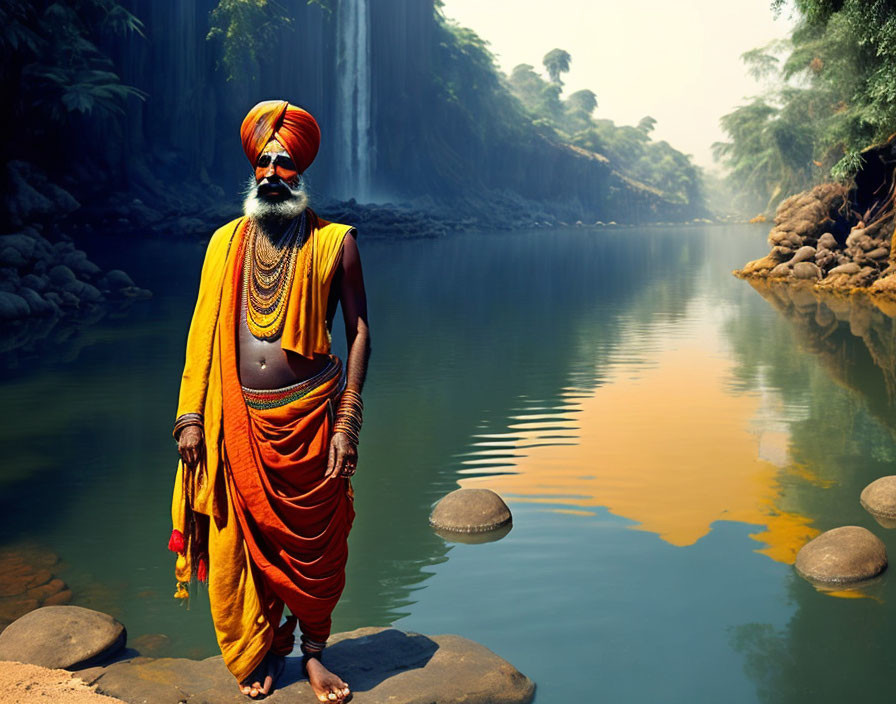 Man in Traditional Indian Attire by Riverbank with Waterfall