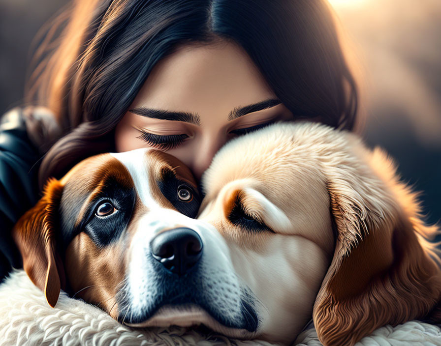 Woman Embracing Two Dogs Displaying Close Bond