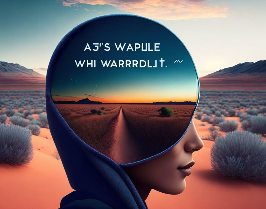 Person wearing helmet reflects desert road at sunset amid sparse vegetation.