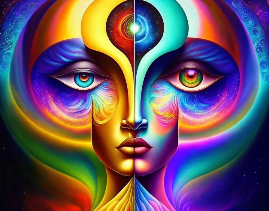 Colorful Psychedelic Illustration of Symmetrical Faces with Cosmic Eye