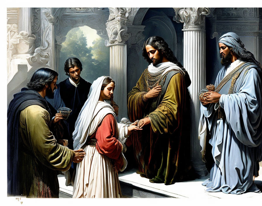 Historical biblical painting with six figures in emotional interaction