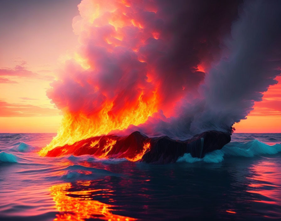 Molten lava meets ocean at sunset in a fiery display