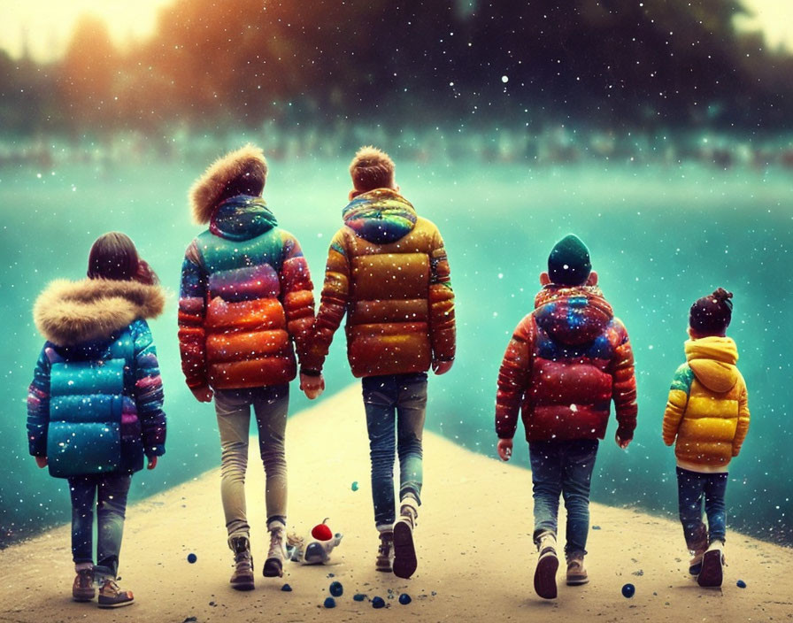 Four children in colorful winter jackets walking in snowscape