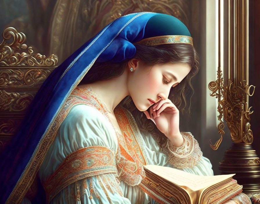 Historical woman reading book by window with blue headscarf and brass candleholder