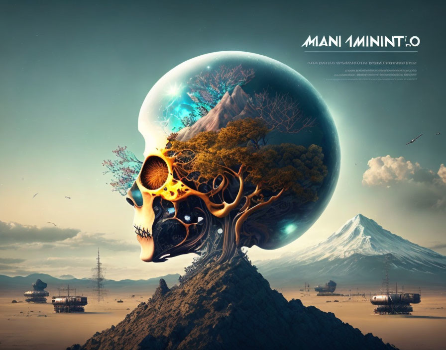 Surreal artwork: Skull with glass dome of vibrant ecosystem in desert landscape