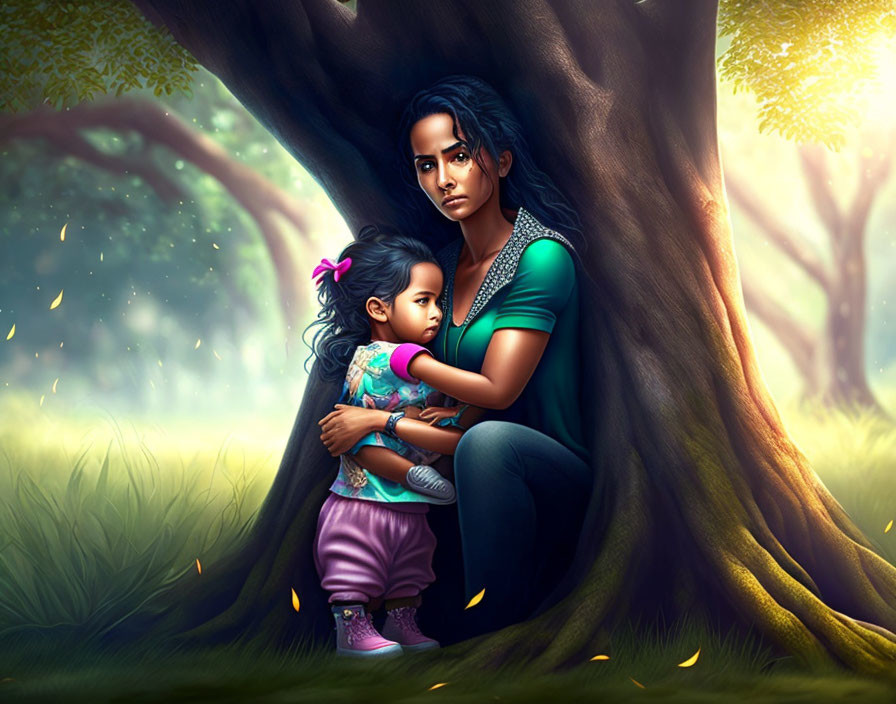 Digital artwork: Woman and girl embrace under tree with sunlight