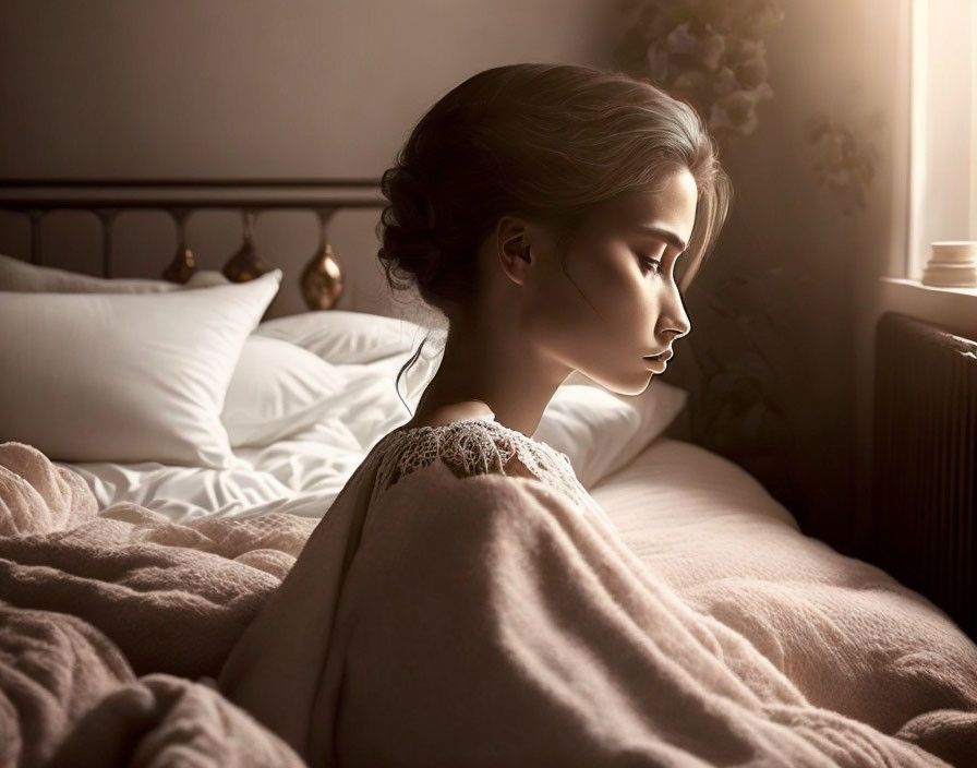 Woman Sitting in Bed with Contemplative Expression and Elegant Hairstyle