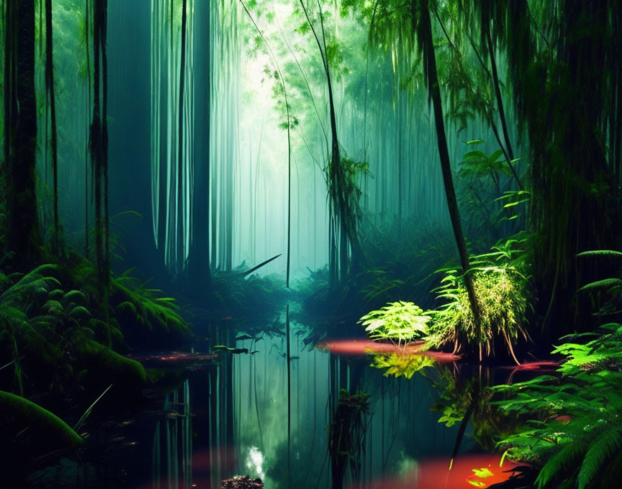 Lush Greenery and Serene Pond in Mystical Forest