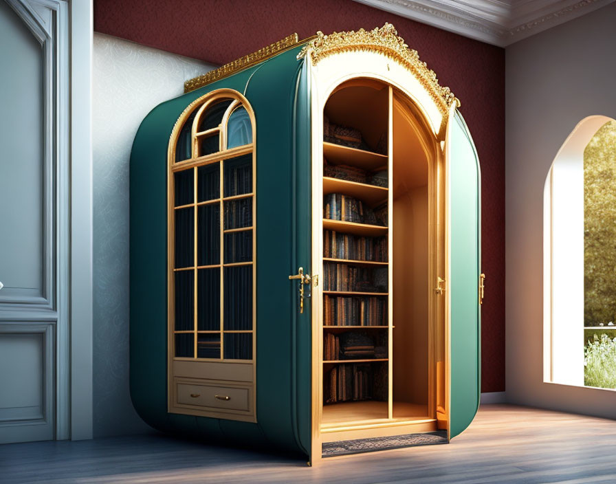 Elegant room with arched door bookshelf