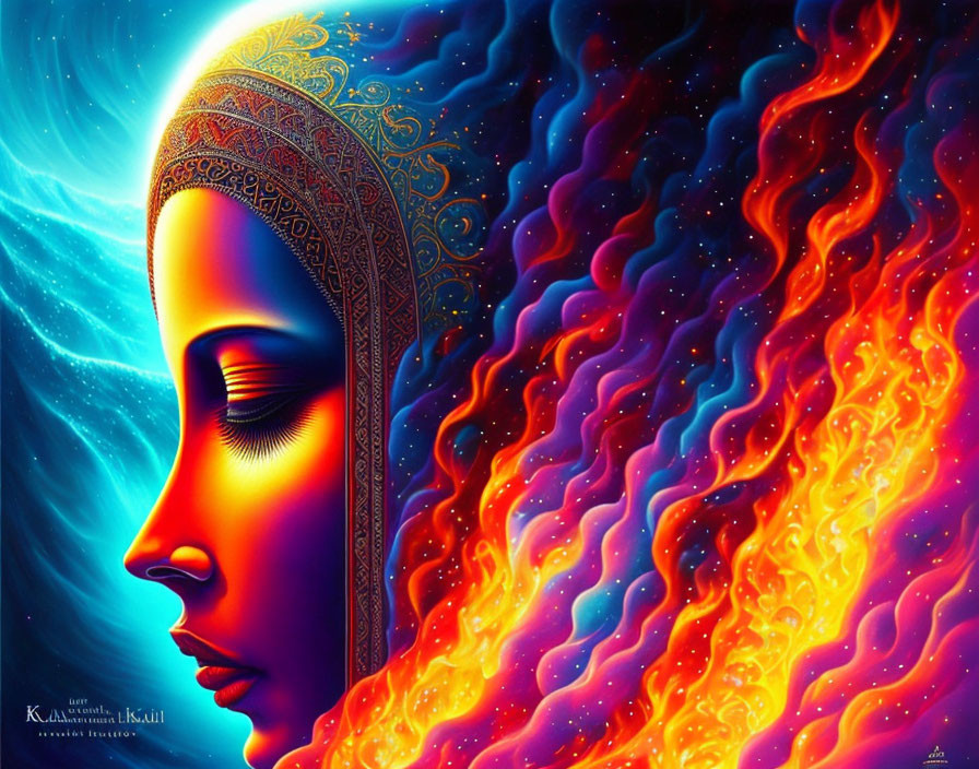 Colorful profile portrait of a woman with cosmic hair and fiery background