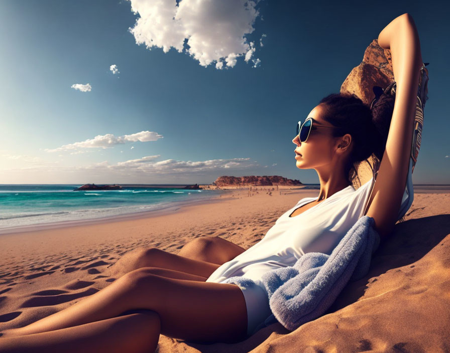 Woman relaxing on sandy beach by rock, wearing sunglasses and white outfit, under clear blue sky