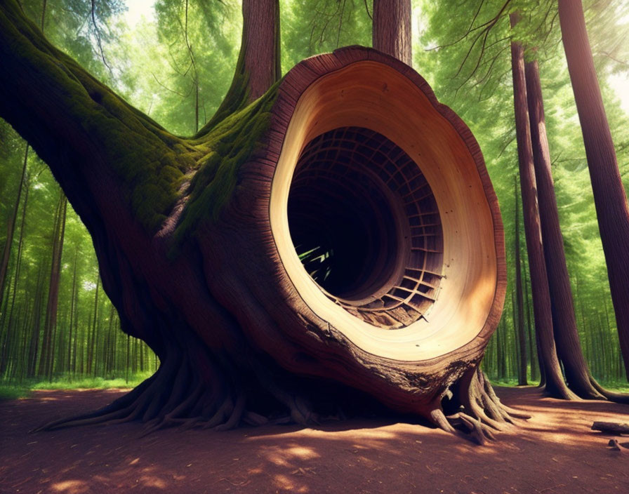 Large tree in forest with hollow swirling trunk: surreal image