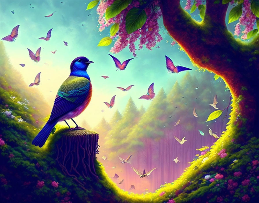 Colorful bird on stump in magical forest with butterflies and blooming trees
