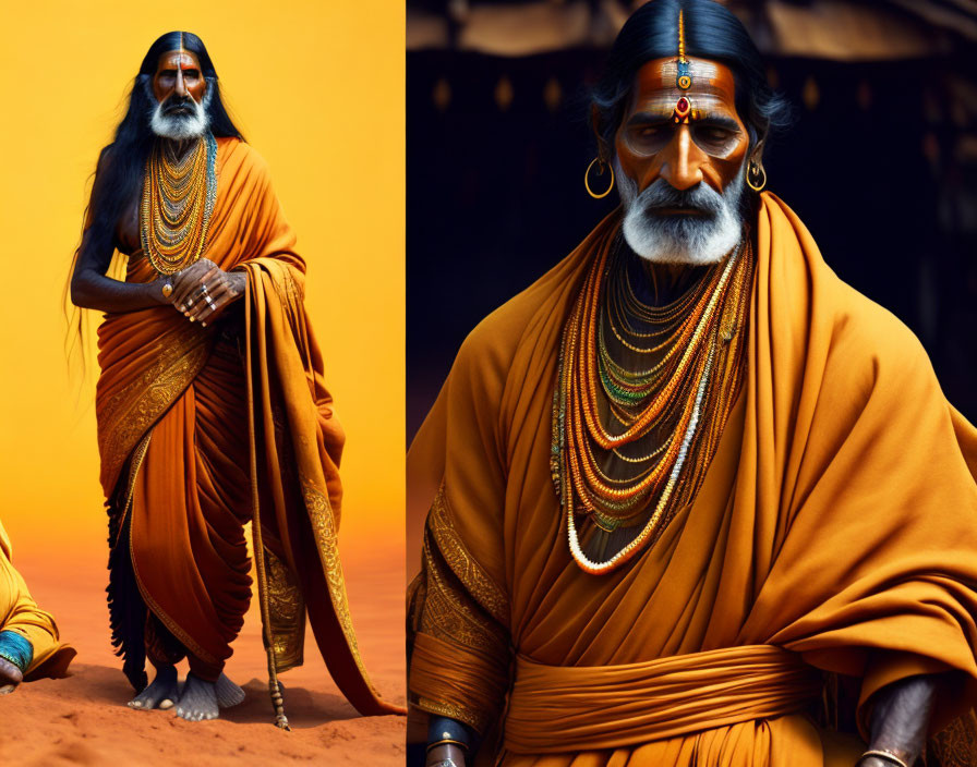 Elderly man in orange robe with gray beard and jewelry in desert landscape