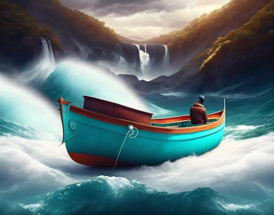 Person in boat facing waterfall in turbulent waters under dramatic sky