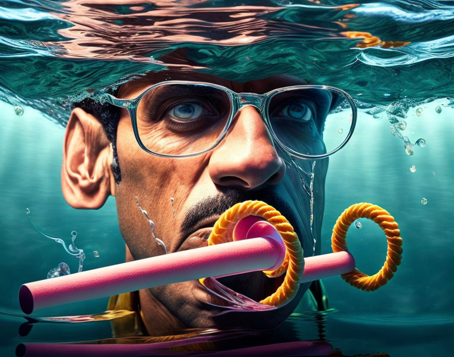 Man Blowing Bubbles Underwater with Orange Twist Garnish