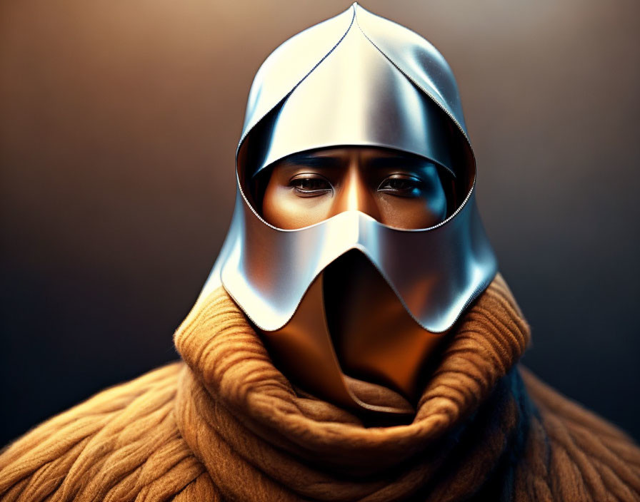 Metallic helmet and textured orange-brown cloak on figure against gradient backdrop