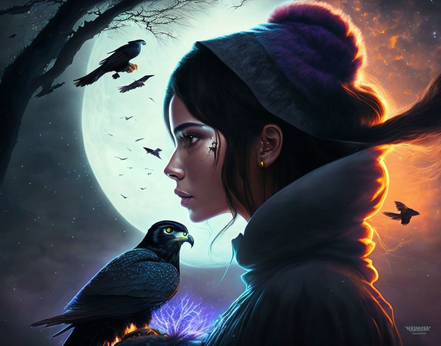 Profile of woman in beret under full moon with falcon and crows in twilight sky