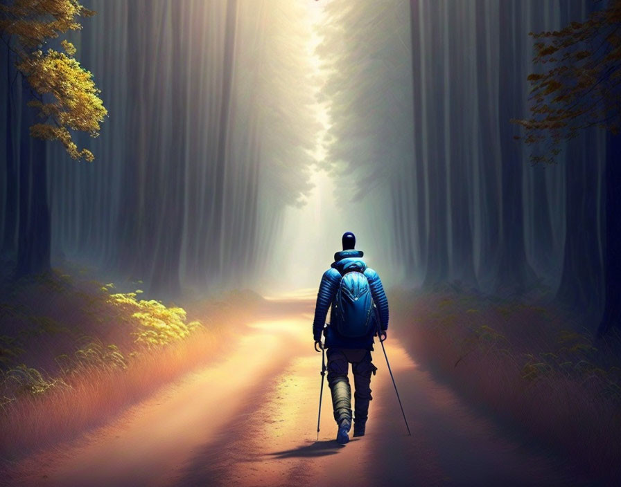 Hiker with blue backpack in forest with sunlight and mist