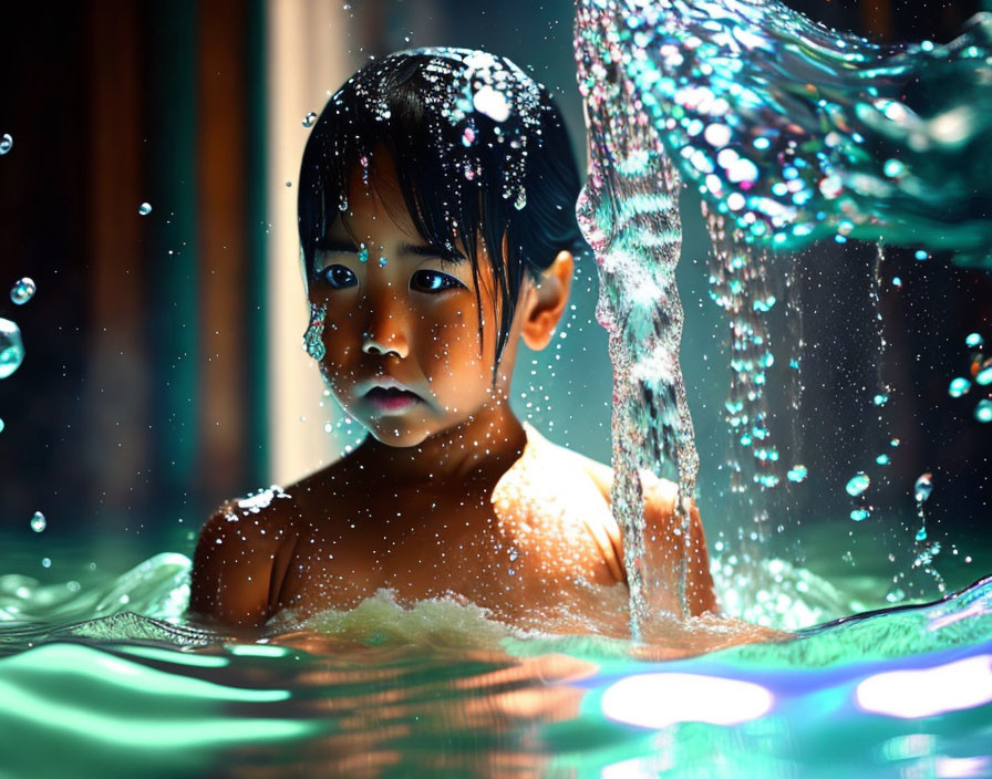 Child in Bathtub Curiously Gazing with Water Splashes