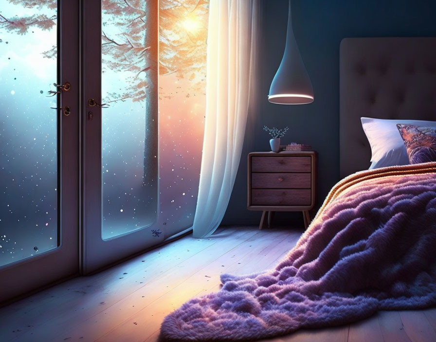 Snowy landscape view from cozy bedroom at dusk with blue pendant light