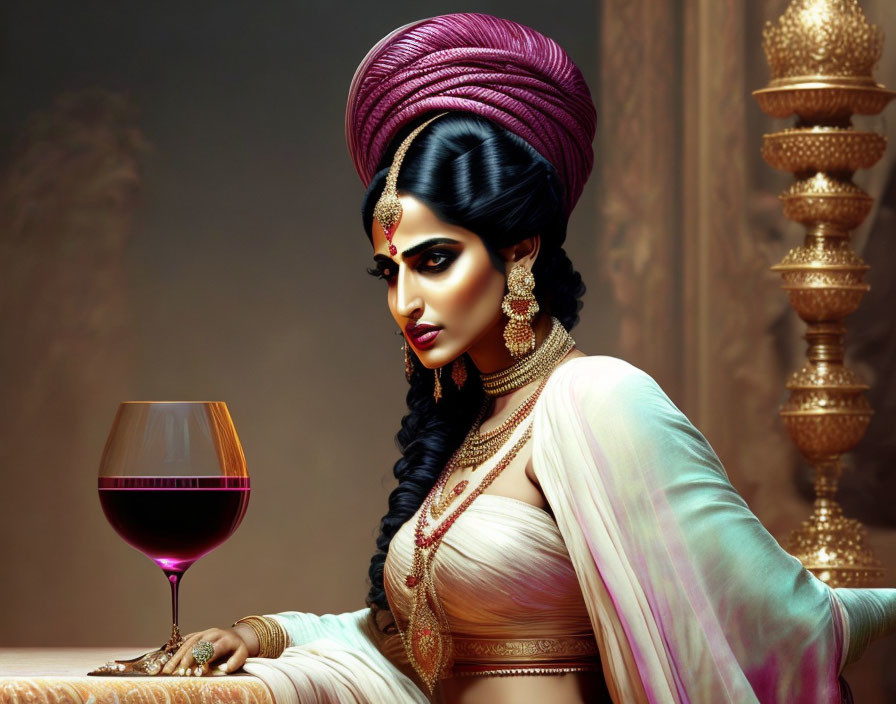 Traditional Indian Attire Woman with Wine Glass in Regal Pose