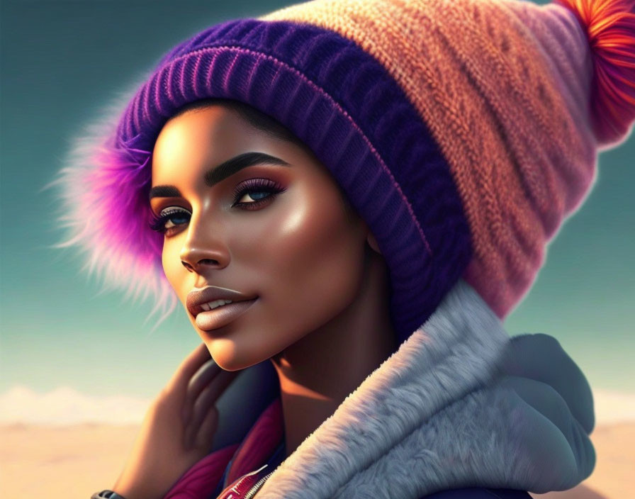 Digital portrait: Woman with glowing skin in purple beanie & fur-lined jacket at dusk