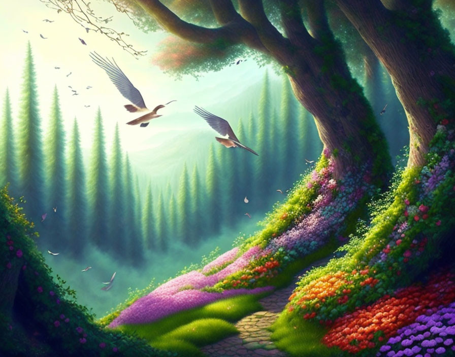 Vibrant forest scene with flowers, winding path, and birds in flight