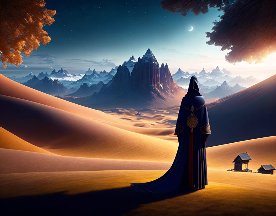 Robed Figure on Desert Dune at Twilight