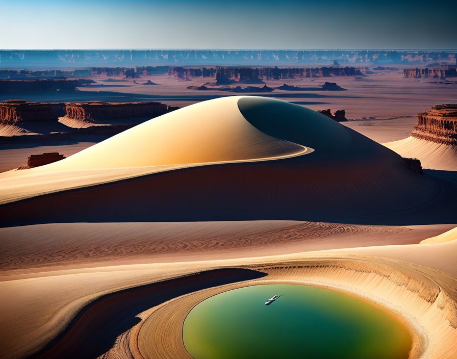 Bird flying over serene desert oasis with sand dunes and canyons under clear sky