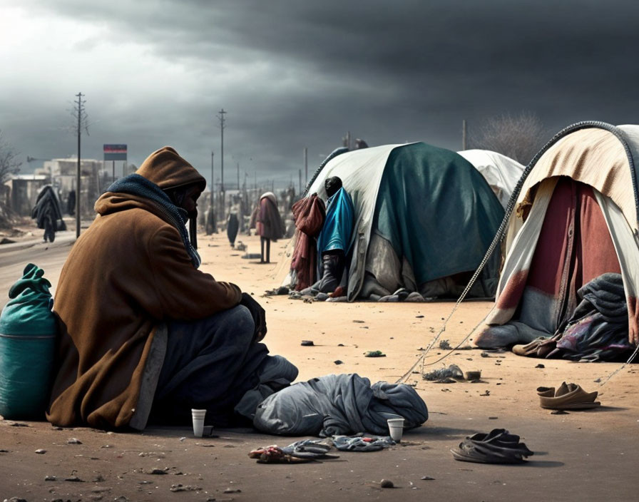 Hooded figure sits on grim street among tents and belongings