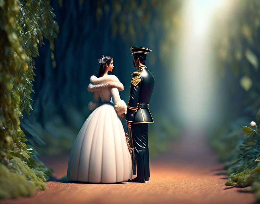 Elegant bride and groom figurines in lush greenery setting