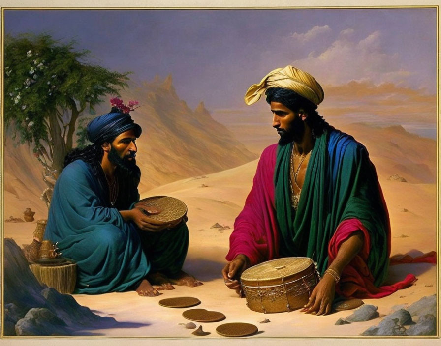 Men in traditional attire playing board game in desert setting