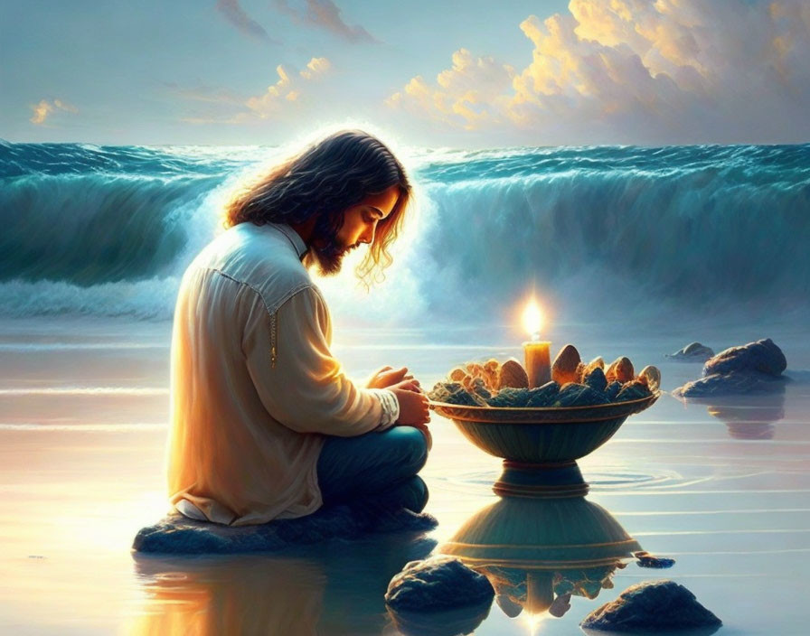 Long-haired figure in white robe with bread and candle by ocean at sunset
