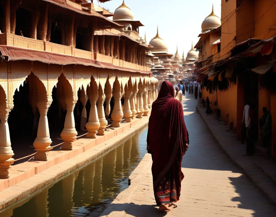 Traditional attired person walks near ornamental pool with ancient architecture in background.