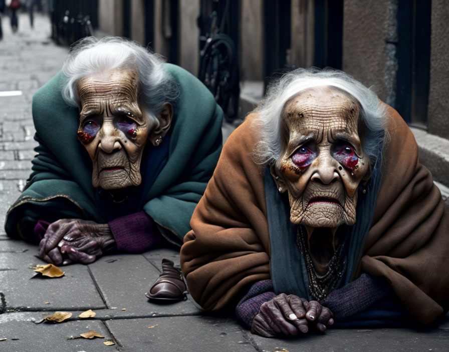 Elderly individuals with dramatic makeup resembling injuries on street