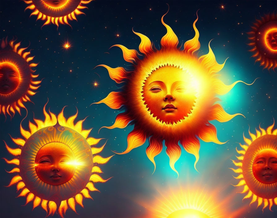 Surreal illustration: anthropomorphic suns in serene starry sky