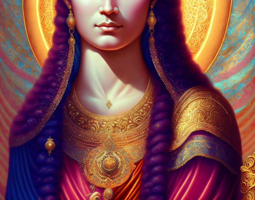 Digital artwork of ornately dressed female figure in gold jewelry and rich purple attire with glowing halo