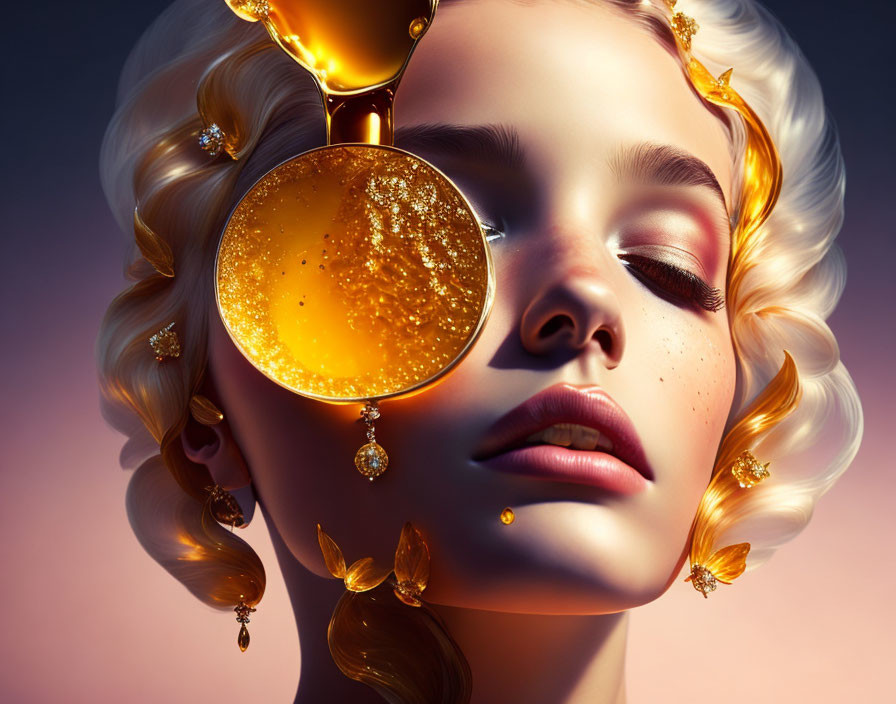 Digital artwork: Woman with gold liquid pouring over lens, gold curls, amber jewelry