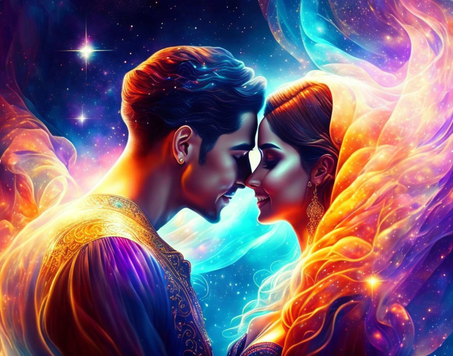 Colorful digital artwork: Couple in intimate pose with cosmic backdrop