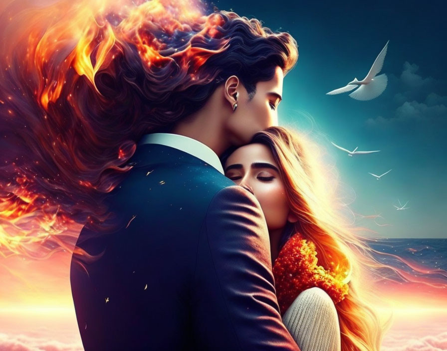 Romantic couple embracing with fiery hair, against dramatic sea and sky backdrop.