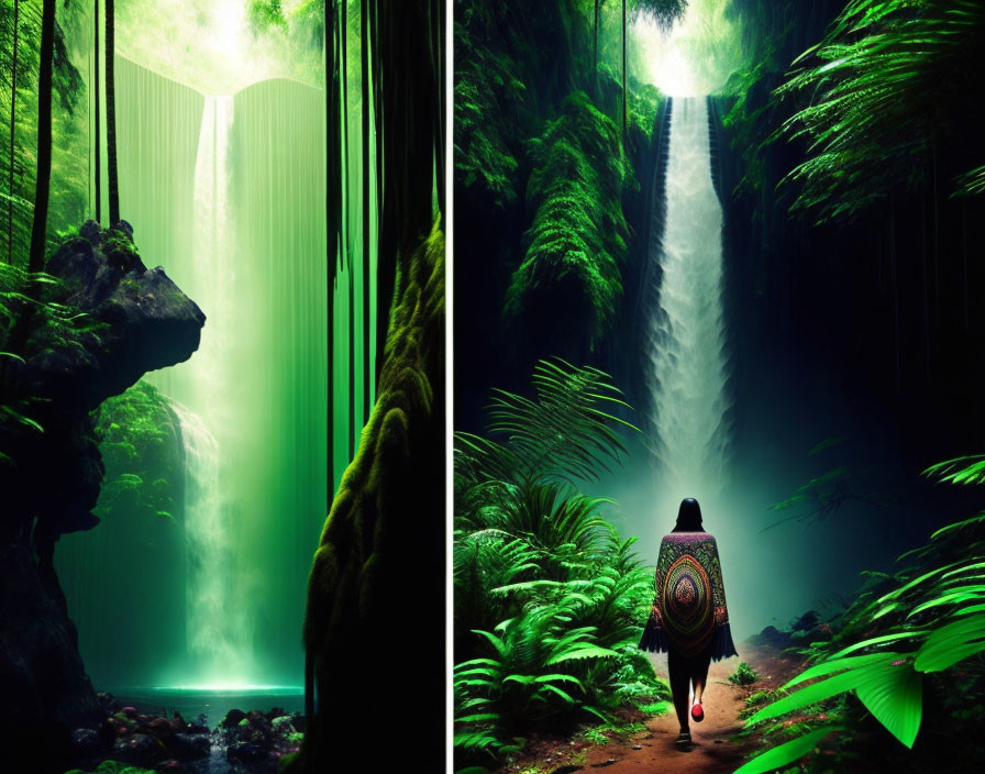 Split image of serene waterfall in lush green forest with base on left, person observing on right