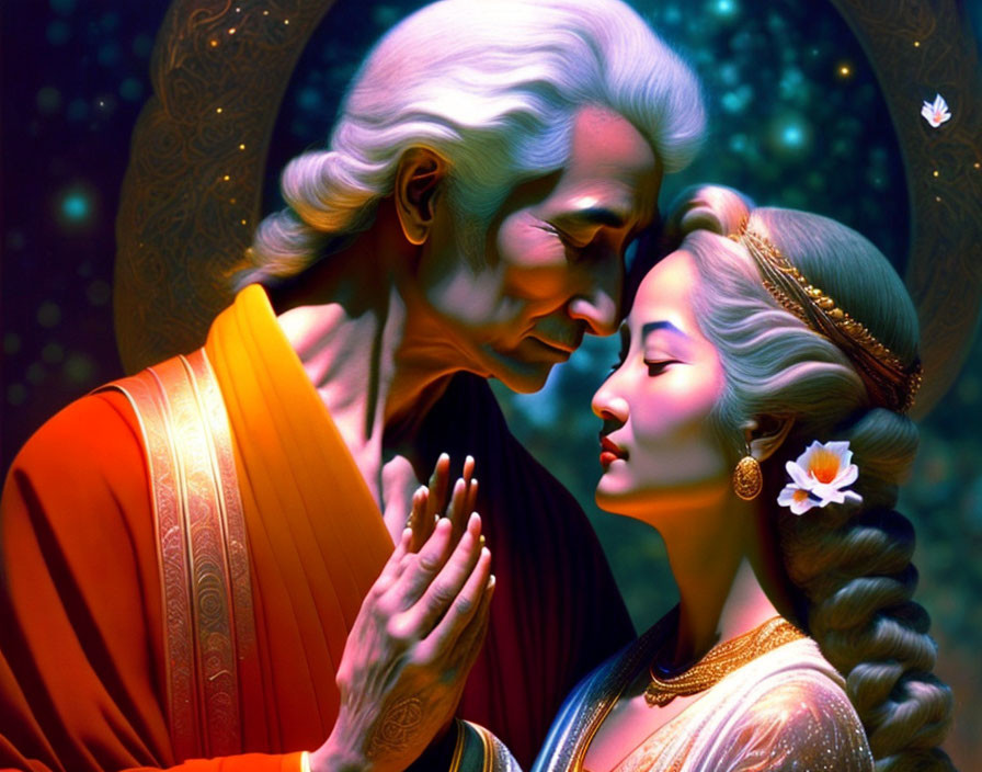 Elderly man and young woman touching foreheads in starry setting