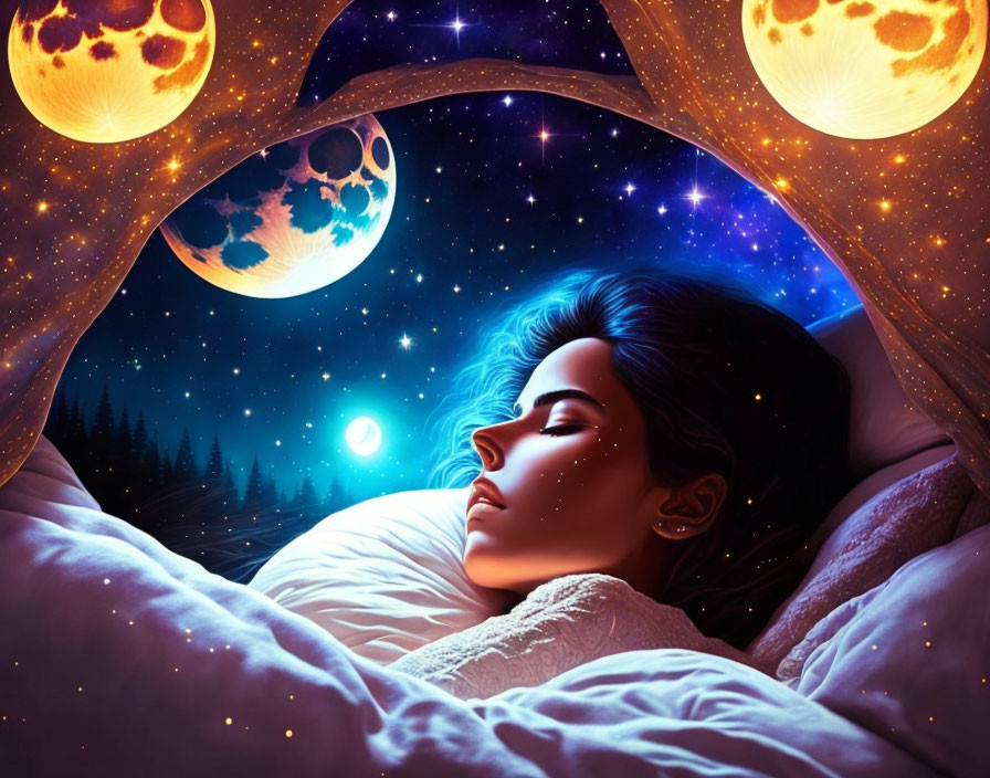 Woman sleeping in tent under starry sky with multiple moons above forest horizon