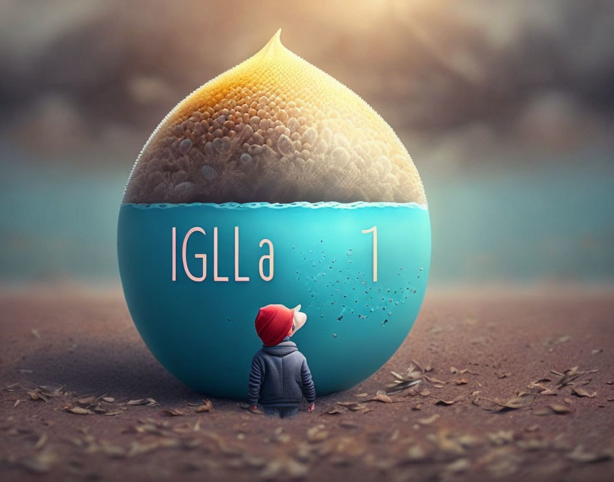 Red-hatted person gazes at surreal half-submerged sphere with "IGLLa 1