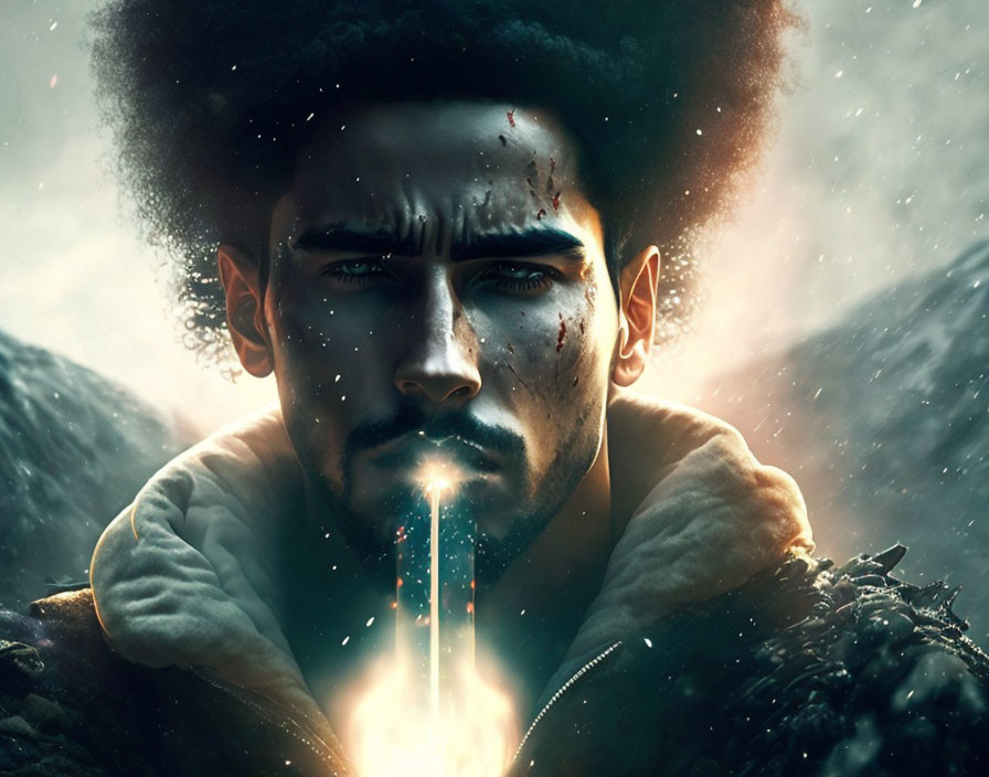 Digital artwork of man with afro exhaling glowing particles in dark, moody setting with snowfl