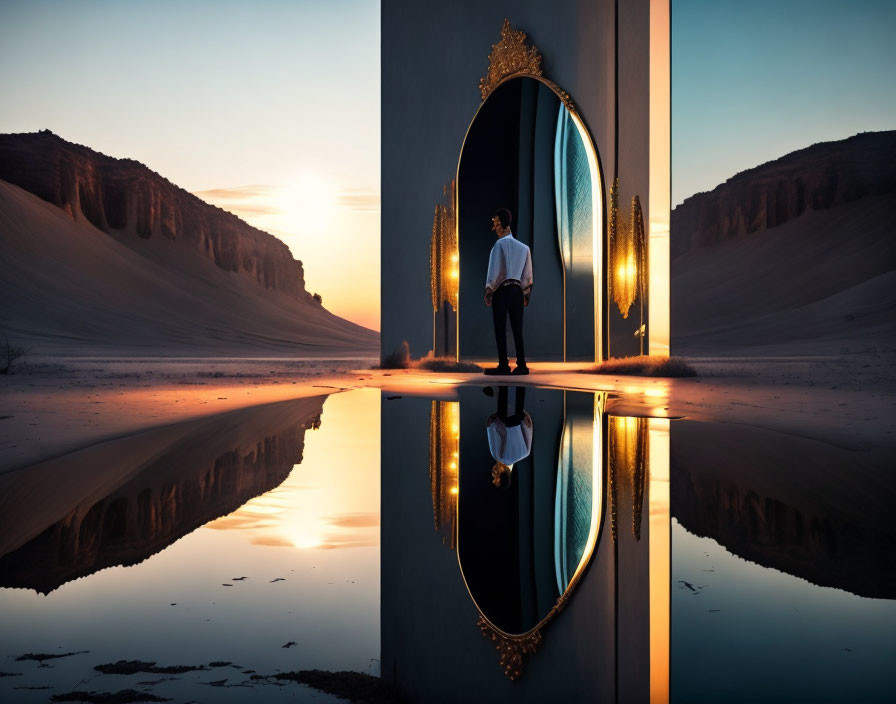 Symmetrical desert sunset reflection in doorway